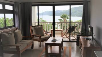 Luxe appartement | Woonruimte | Een 34-inch ledtelevisie met digitale zenders en boeken