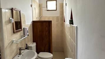 Shower, rainfall showerhead, hair dryer, towels