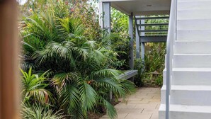 Un vialetto conduce a un edificio con un portico coperto, immerso nel verde e circondato da piante varie.