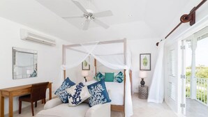 Une chambre à coucher avec un lit à baldaquin, un bureau et une chaise.