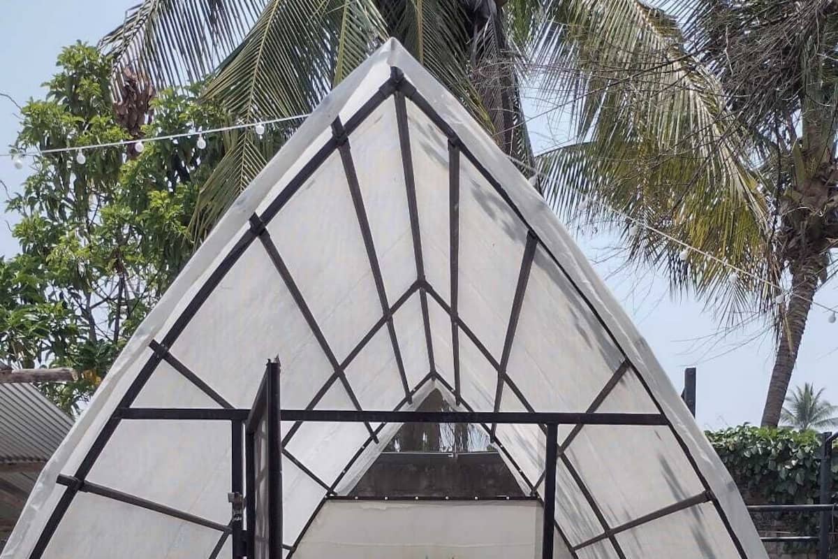 A small, enclosed space with a bed, a decorative wall, and a view of palm trees.