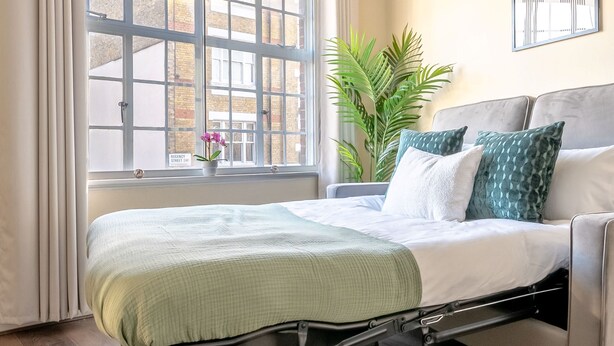 Une chambre à coucher avec un lit, une fenêtre avec des rideaux, une plante et un tableau accroché au mur.