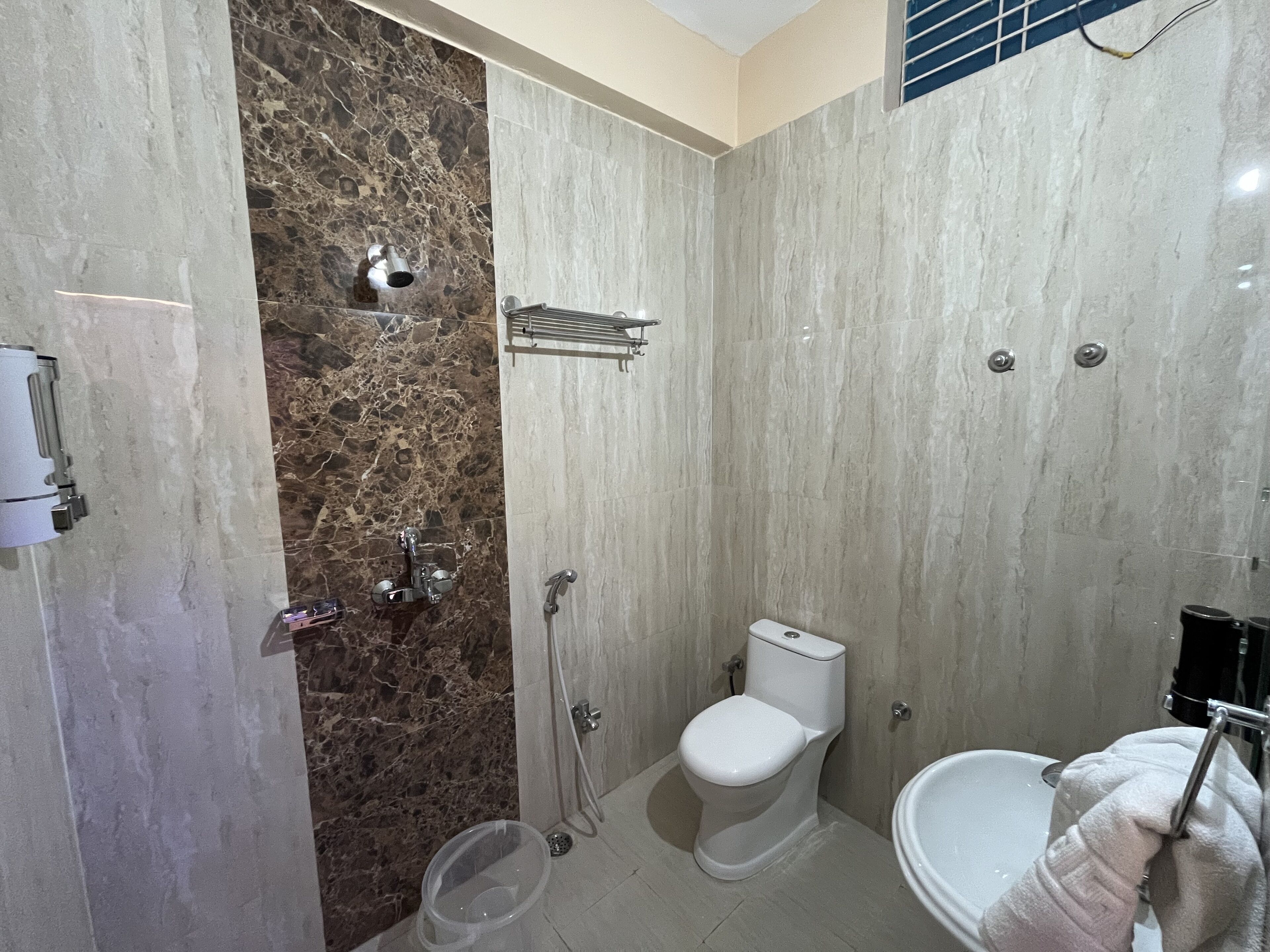 A bathroom with a marble shower wall, a toilet, and a sink.