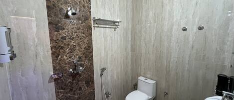 A bathroom with a marble shower wall, a toilet, and a sink.