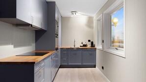 A modern kitchen with grey cabinets, a wooden countertop, and a window with a view of the outdoors. - The View (Tromsø)