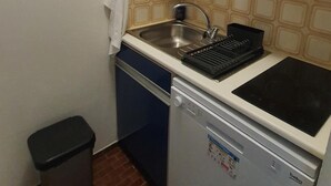 Cocina compacta con lavamanos, lavavajillas y estufa.