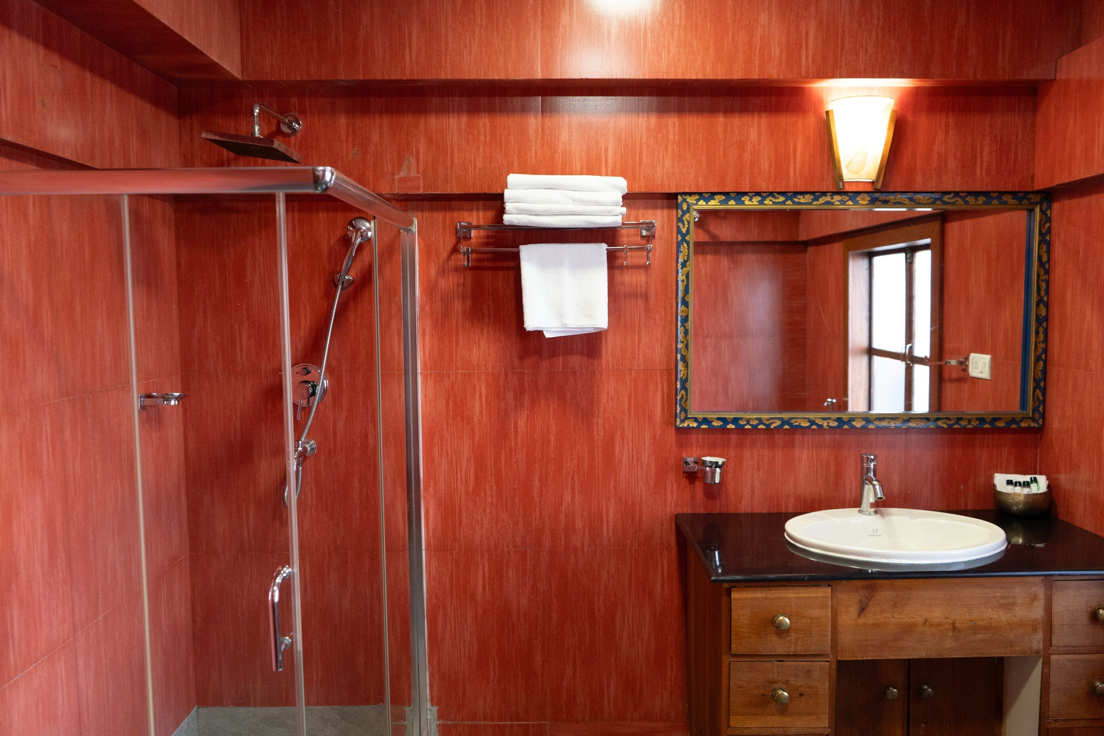 A bathroom with a glass-enclosed shower, a sink with a mirror above it, and wooden cabinetry.