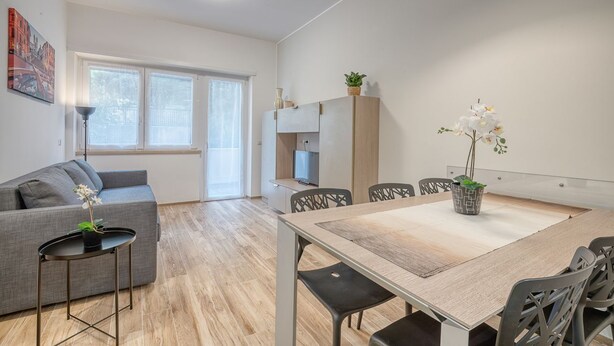 Ein modernes Wohnzimmer mit grauem Sofa, einem Esstisch mit Stühlen, einem kleinen Beistelltisch mit Pflanze und einer Küchenzeile mit Schränken und einem Fernseher.