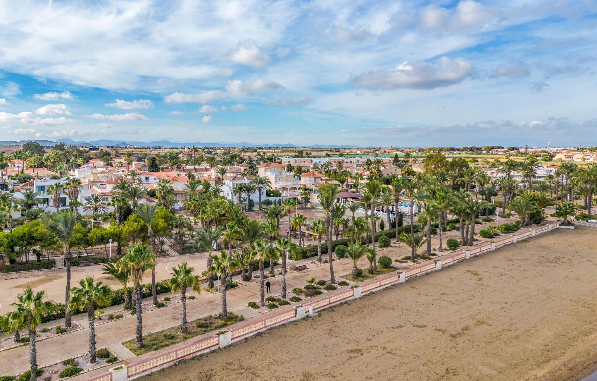 Zona residencial costera con casas, palmeras y una playa de arena.