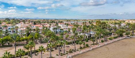 Zona residencial costera con casas, palmeras y una playa de arena.