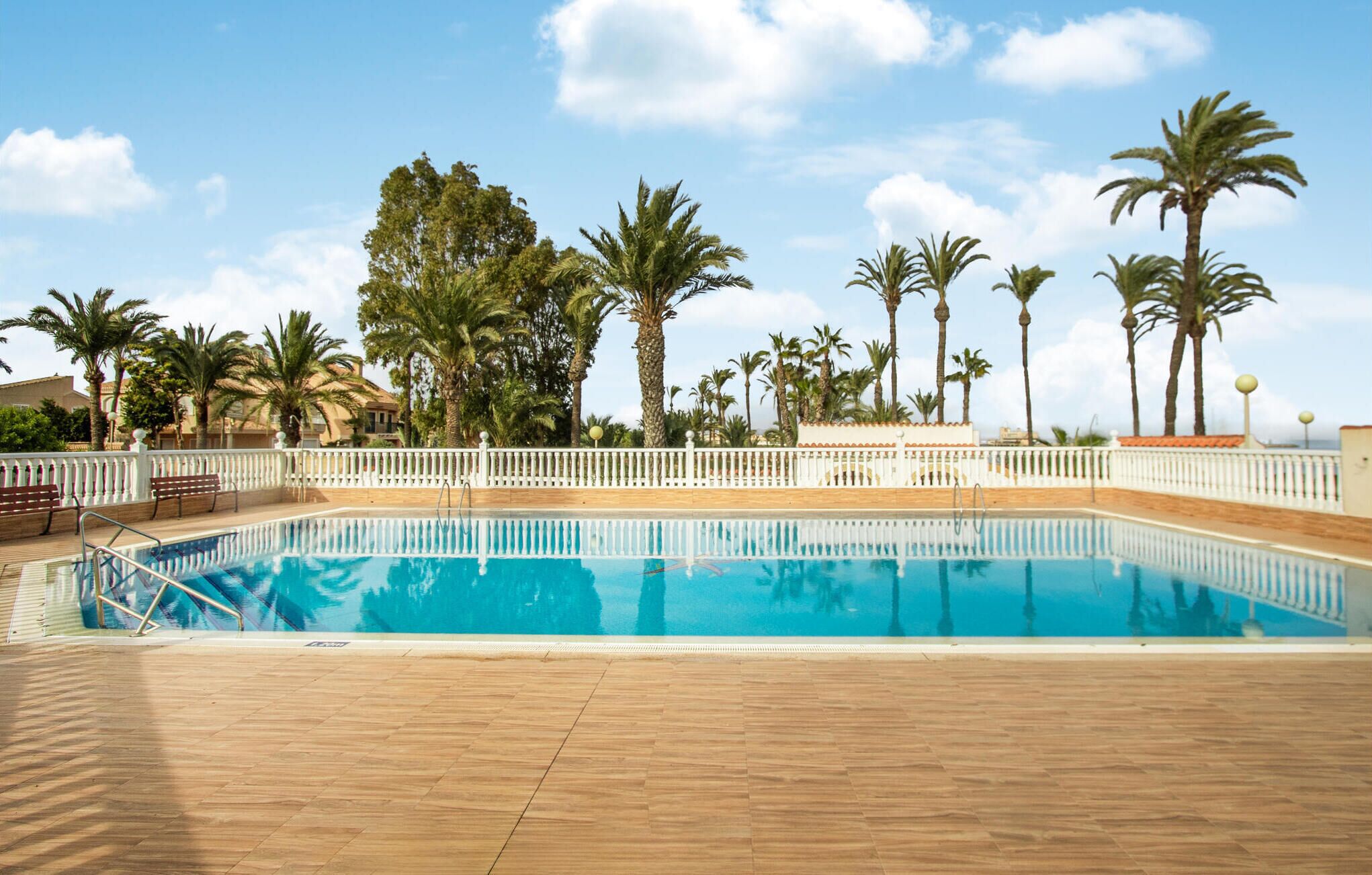 Una piscina rettangolare con un pontile di legno, circondata da una recinzione bianca e palme.