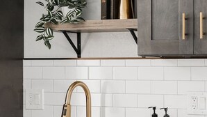A kitchen with a white countertop, a gold faucet, and a built-in dishwasher. There are black storage containers on a wooden shelf and a potted plant. - Designer Home with HotTub, Movie Room, Firepit (Arvada)