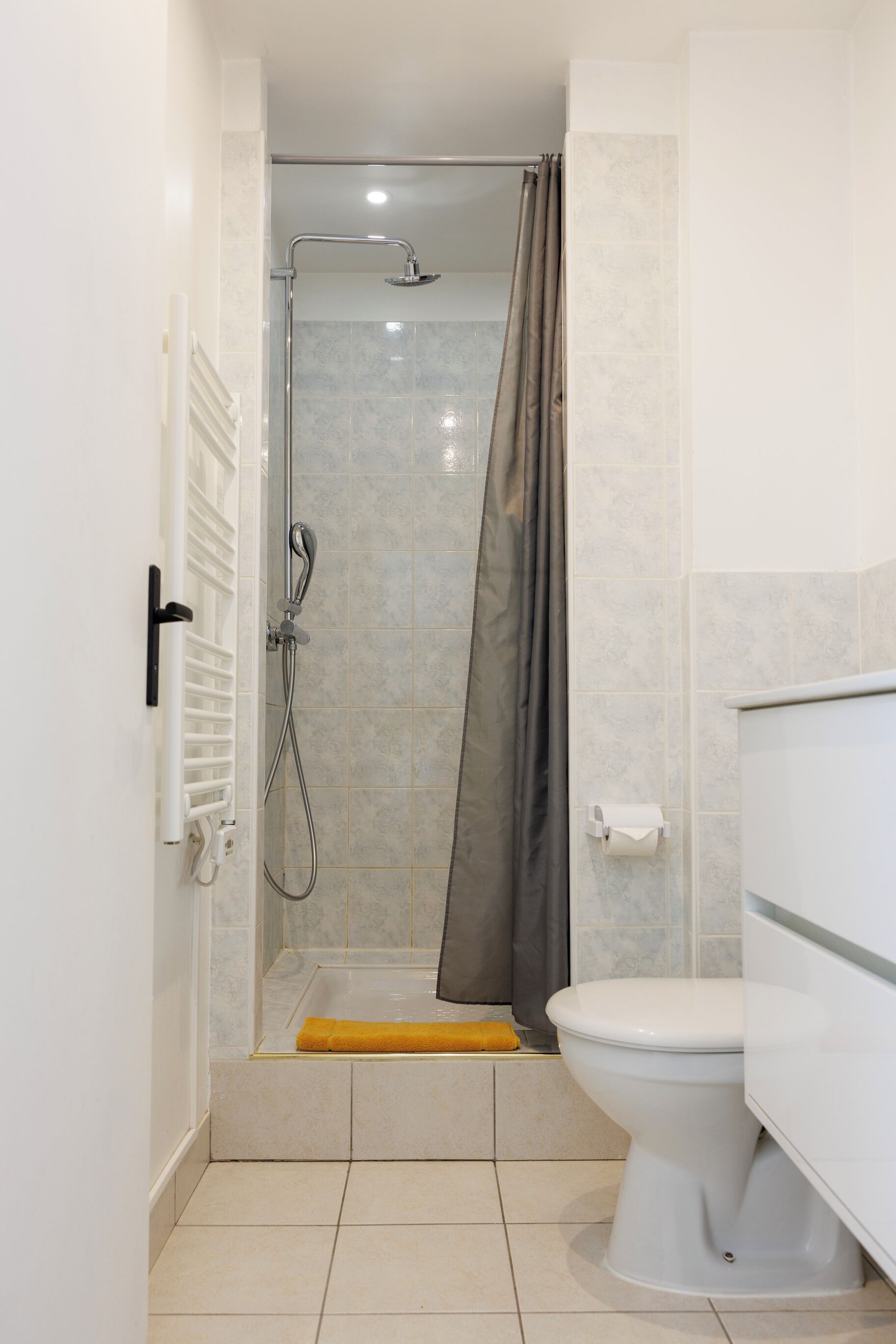 Une salle de bain avec une douche, des toilettes et un porte-serviettes.