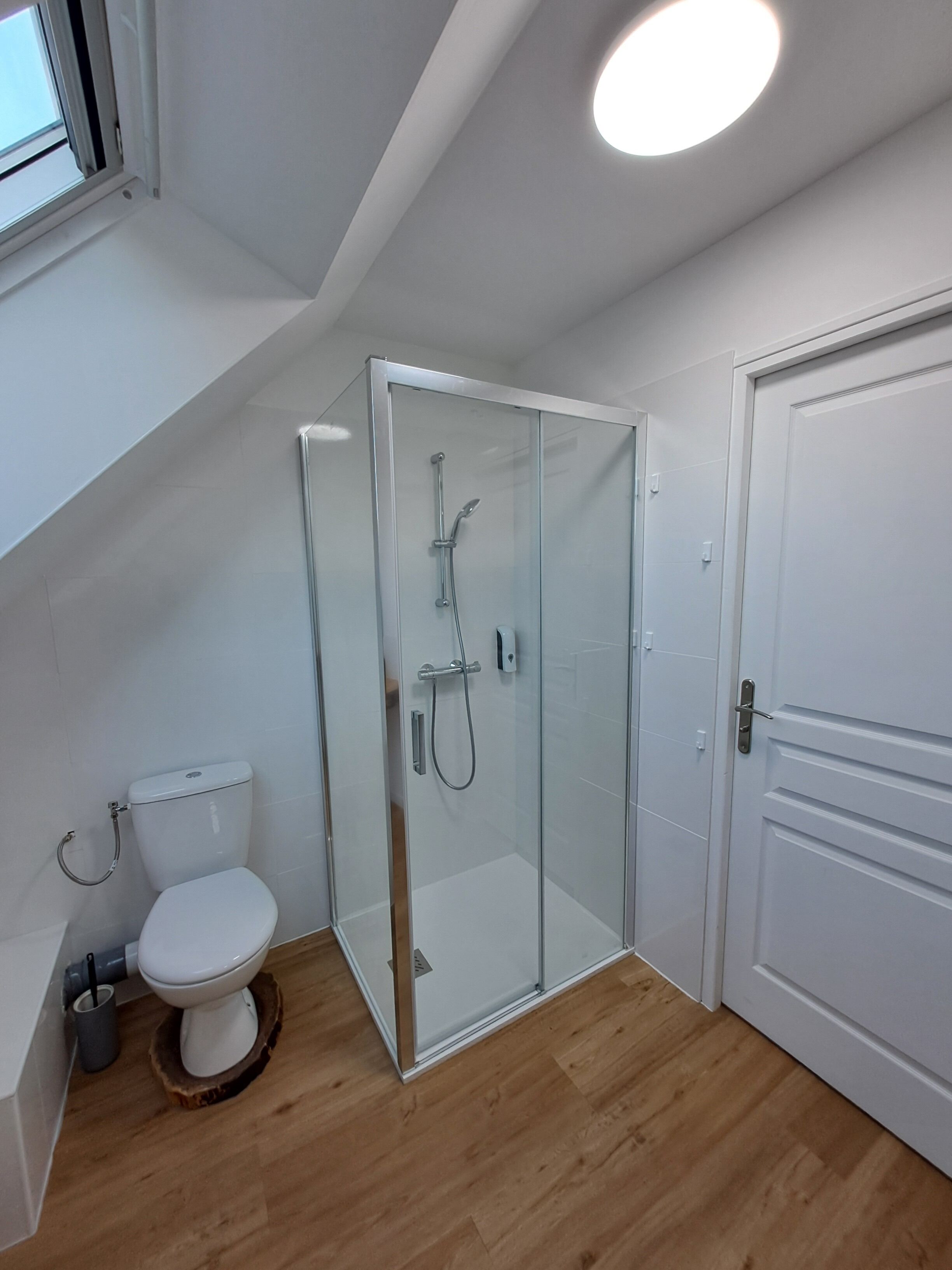 Ein modernes Badezimmer mit Duschkabine aus Glas, Toilette und Holzboden.
