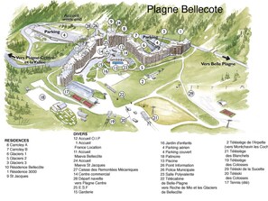 Een gedetailleerde kaart van Plagne Bellecote met genummerde voorzieningen en faciliteiten, waaronder woningen, parkeerplaatsen en diverse diensten.