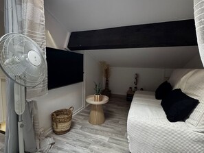 A room with a bed, a wall-mounted TV, a standing fan, a small table with a plant, and a woven basket.