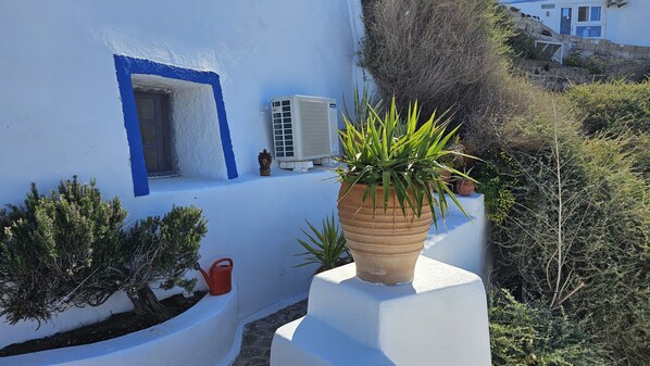 A white building with blue trim, a potted plant, and a red watering can. - Cactus cave house on the caldera (Firostefani)