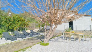 A tree-lined outdoor seating area with a table and chairs, surrounded by a gravel path and a white building.