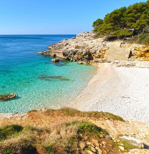 Une plage côtière bordée d’une eau turquoise et limpide, avec un terrain rocheux et une végétation clairsemée.