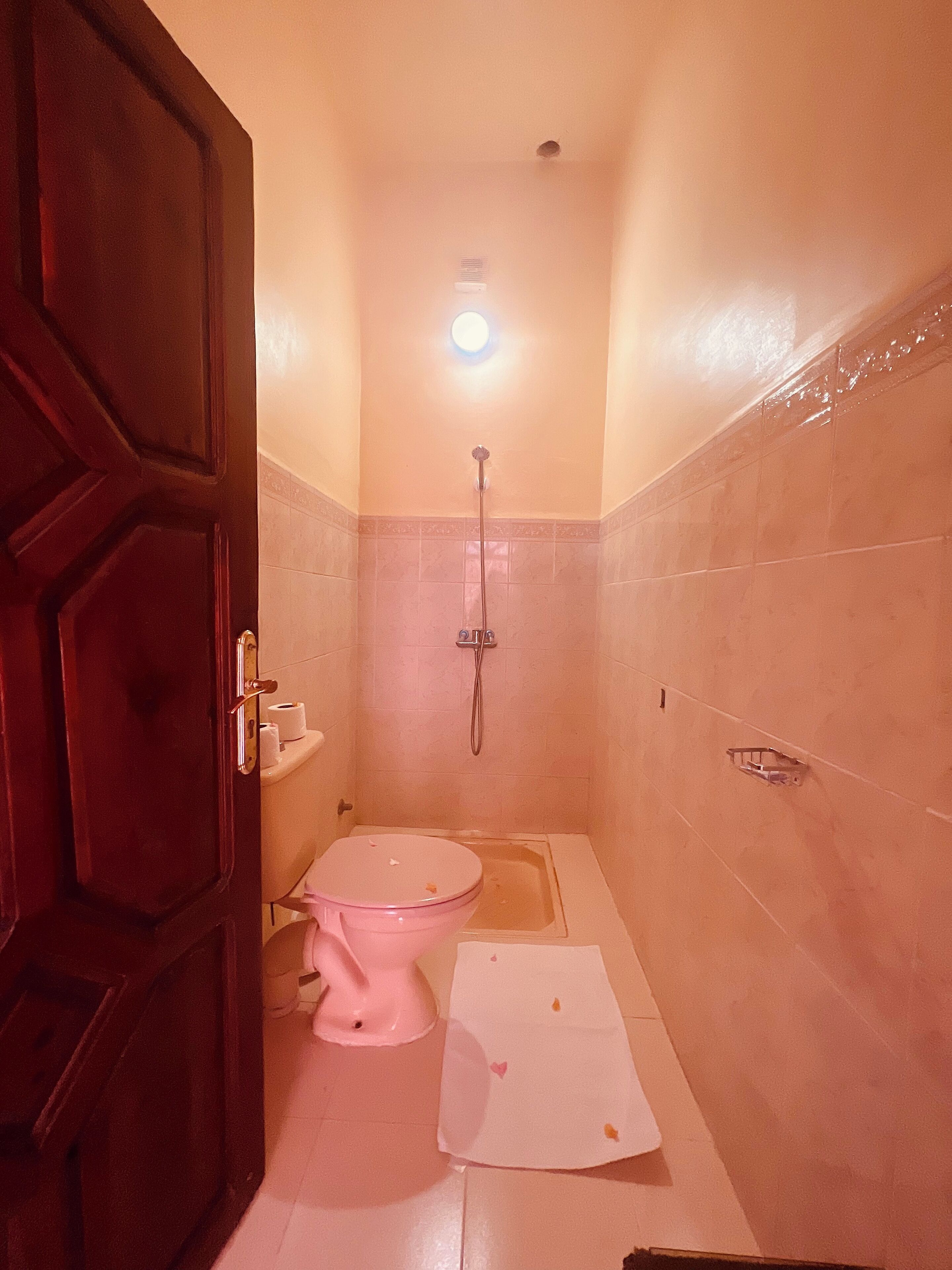 A small bathroom with a toilet, a shower, and a sink.