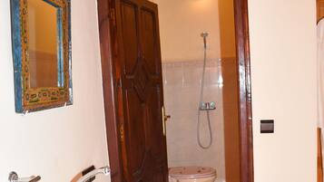 Un baño con lavamanos, espejo, ducha, inodoro y un jarrón decorativo.