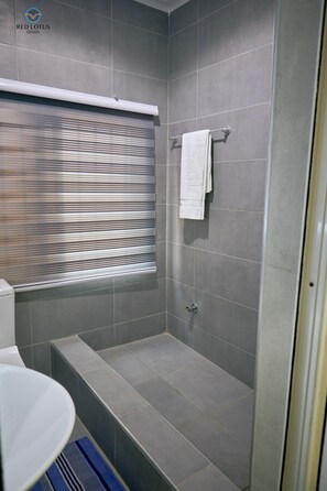 Shower, eco-friendly toiletries, hair dryer, bidet