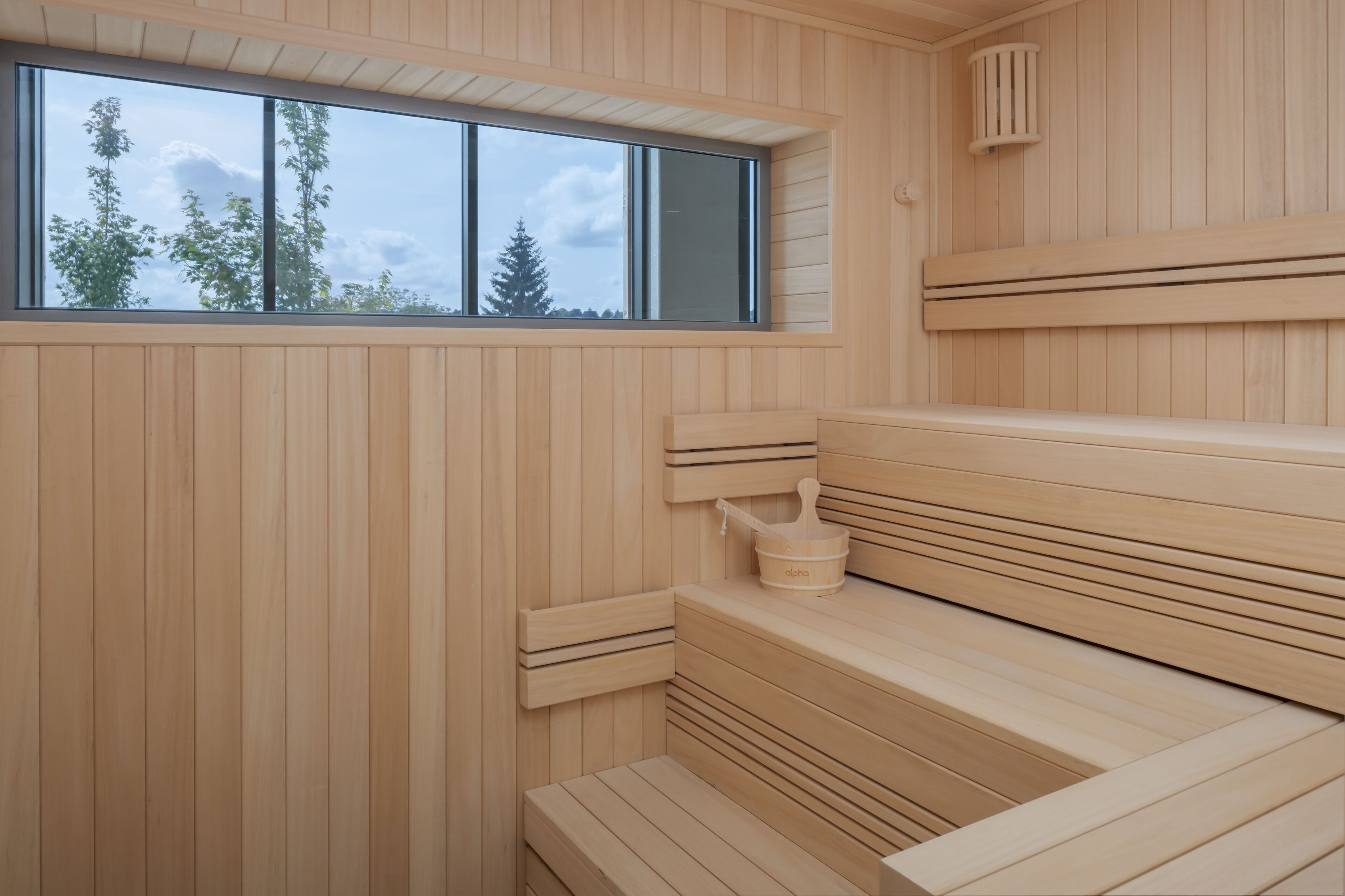 Una sauna de madera con bancos y una ventana, con vistas a árboles y al cielo.