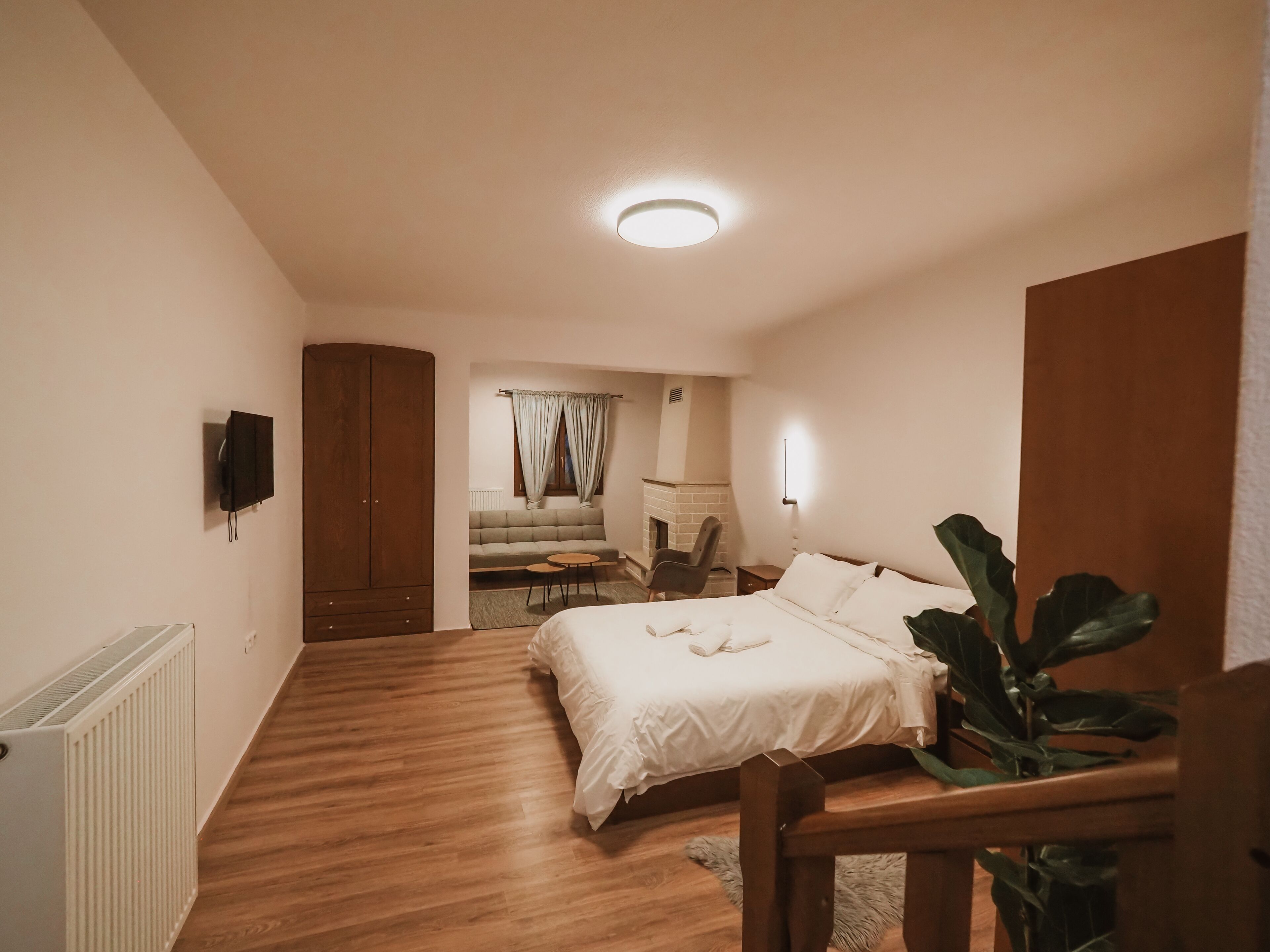 A bedroom with a bed, a wooden wardrobe, a radiator, a TV, a sofa, a chair, and a plant.