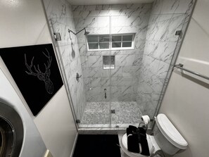 Regadera, toallas, jabón, shampoo 