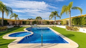 Ein Pool mit ungewöhnlicher Form, umgeben von gepflegtem Rasen und Palmen.