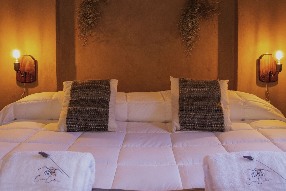 A hotel room with a large bed, two wall-mounted lamps, and a textured wall.