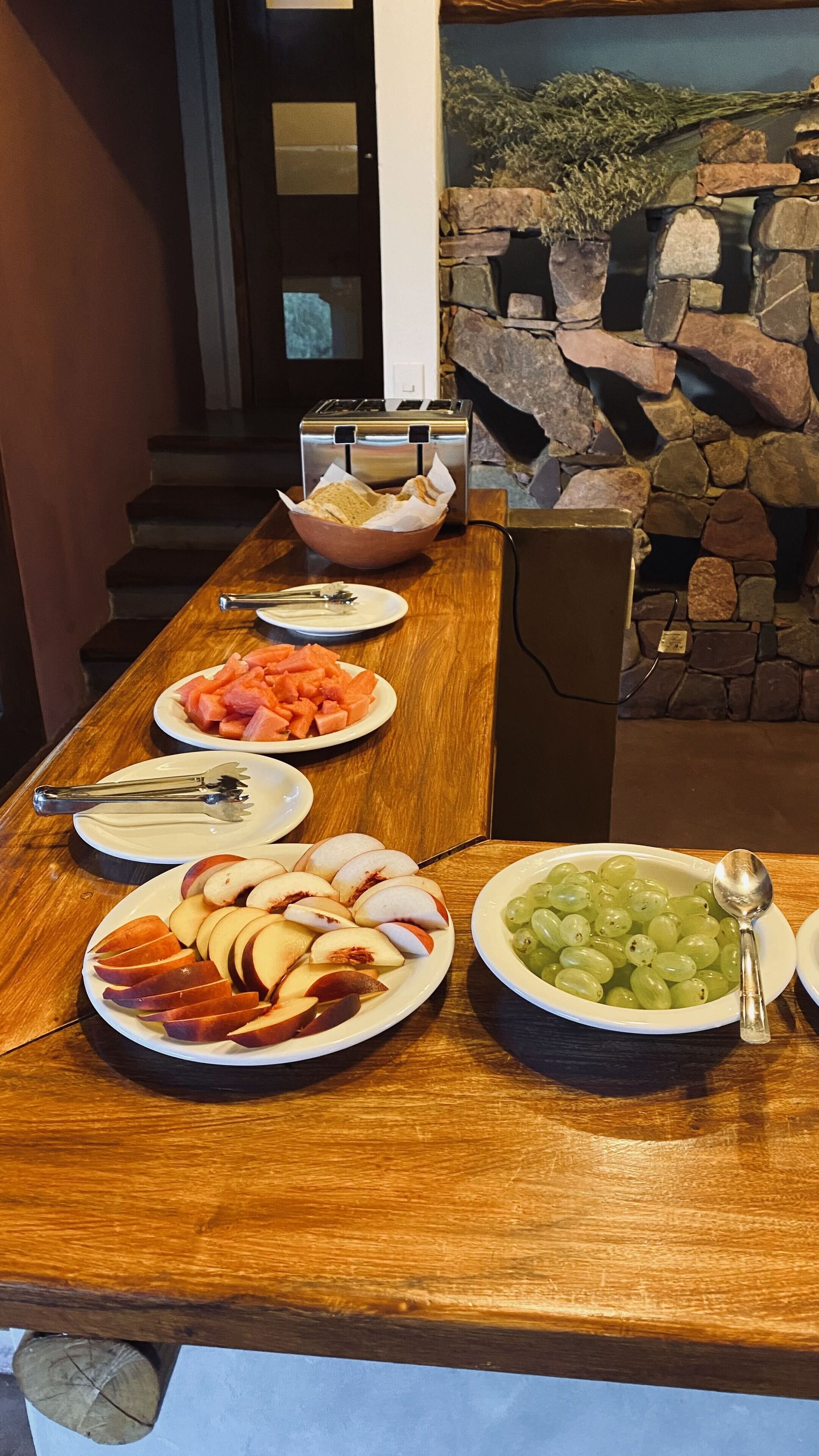 A wooden table with plates of sliced apples, watermelon, and grapes, and a toaster.