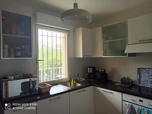 A modern kitchen with white cabinets, a black countertop, and a window with a view of greenery.