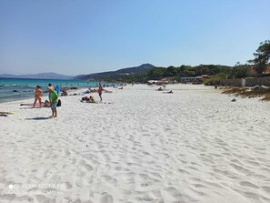 A beach with people sunbathing and swimming.