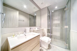 Shower, hair dryer, towels