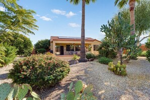 A house with a patio, surrounded by cacti and desert plants.