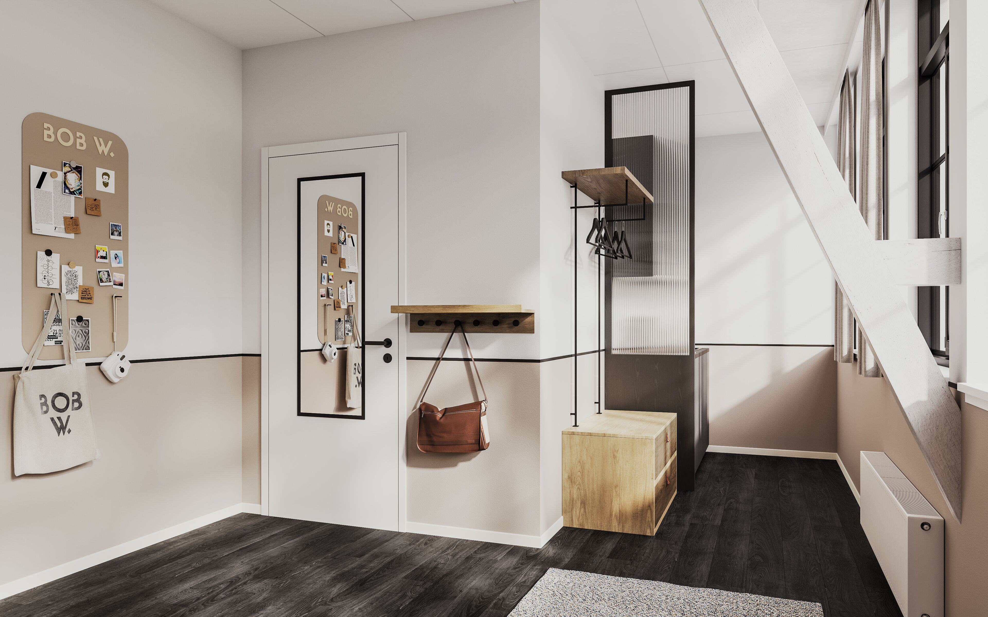 Un interior moderno con una puerta blanca, un tablón de anuncios, un perchero, un pequeño cofre de madera y una escalera.