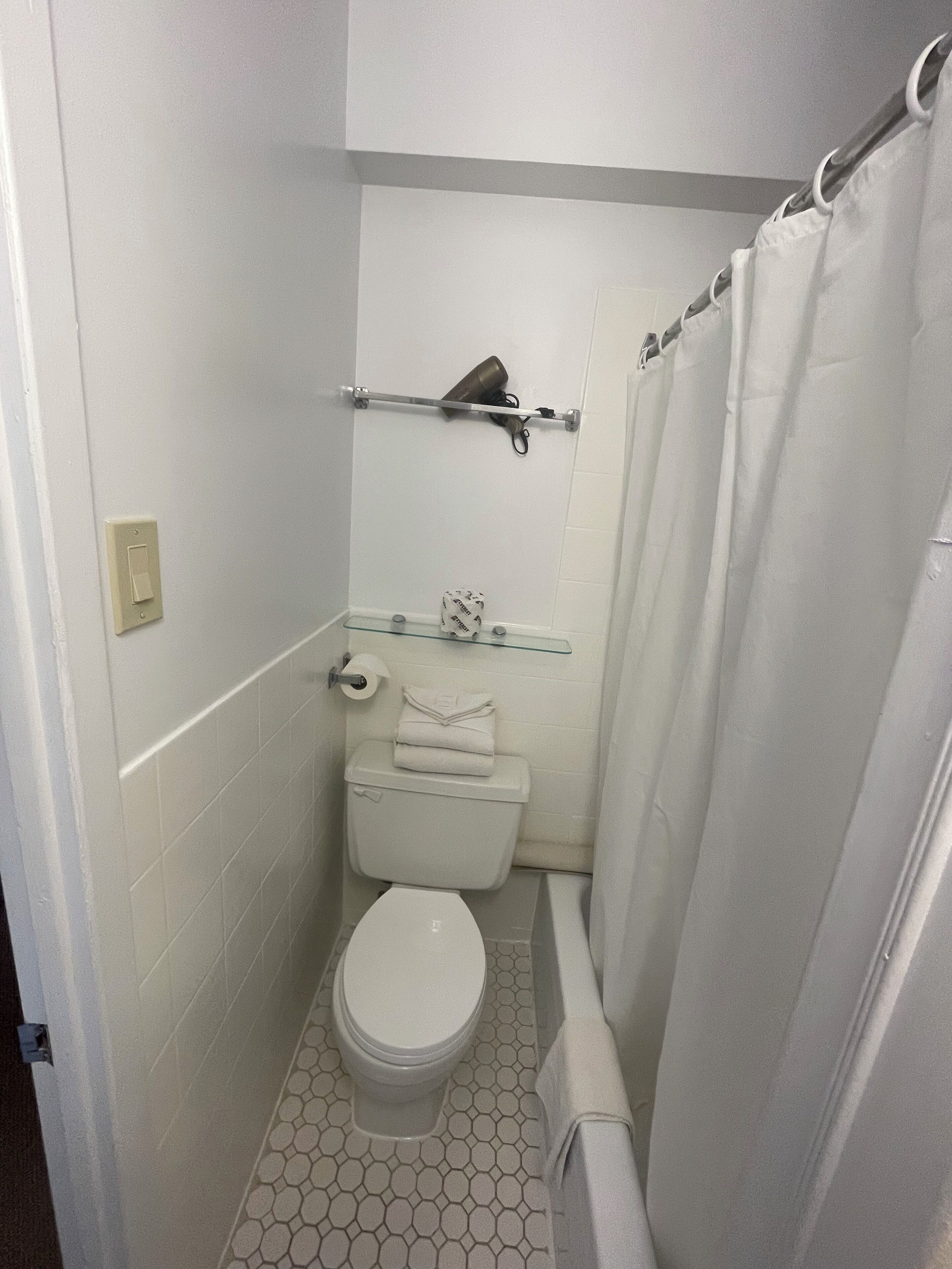 A small, compact bathroom with a toilet, a glass shelf above the toilet, and a shower curtain.