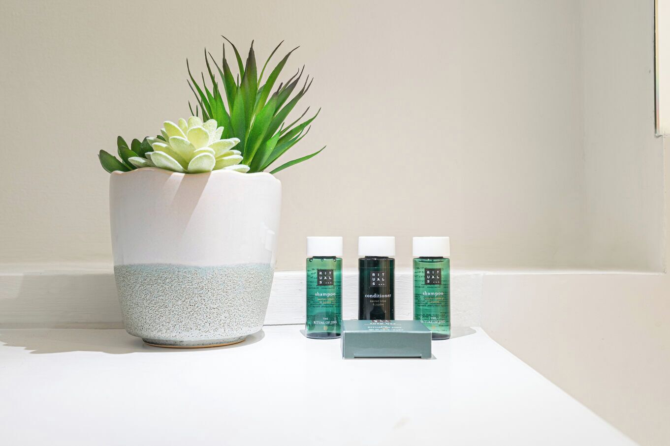 A potted succulent next to three bottles of Rituals products on a white surface.