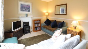 A cozy living room with a fireplace, a bookshelf, a television, and a comfortable sofa. - Amelie Cottage (Beaumaris)
