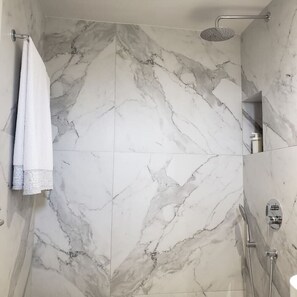 Hair dryer, towels, soap, toilet paper