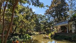 Un cadre paisible au bord de la rivière, avec une maison et un espace abrité, le tout entouré d’une végétation luxuriante et d’arbres.