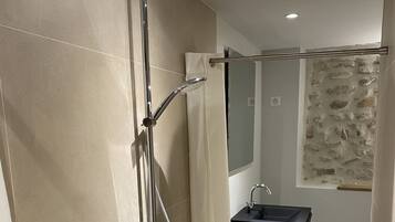 Shower, hair dryer, soap, shampoo