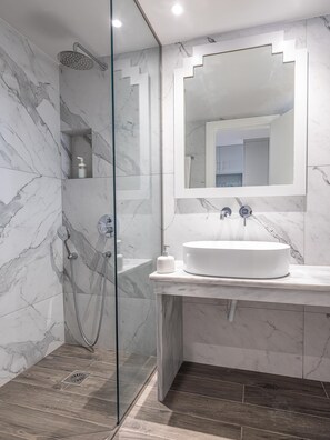 Hair dryer, towels, soap, toilet paper