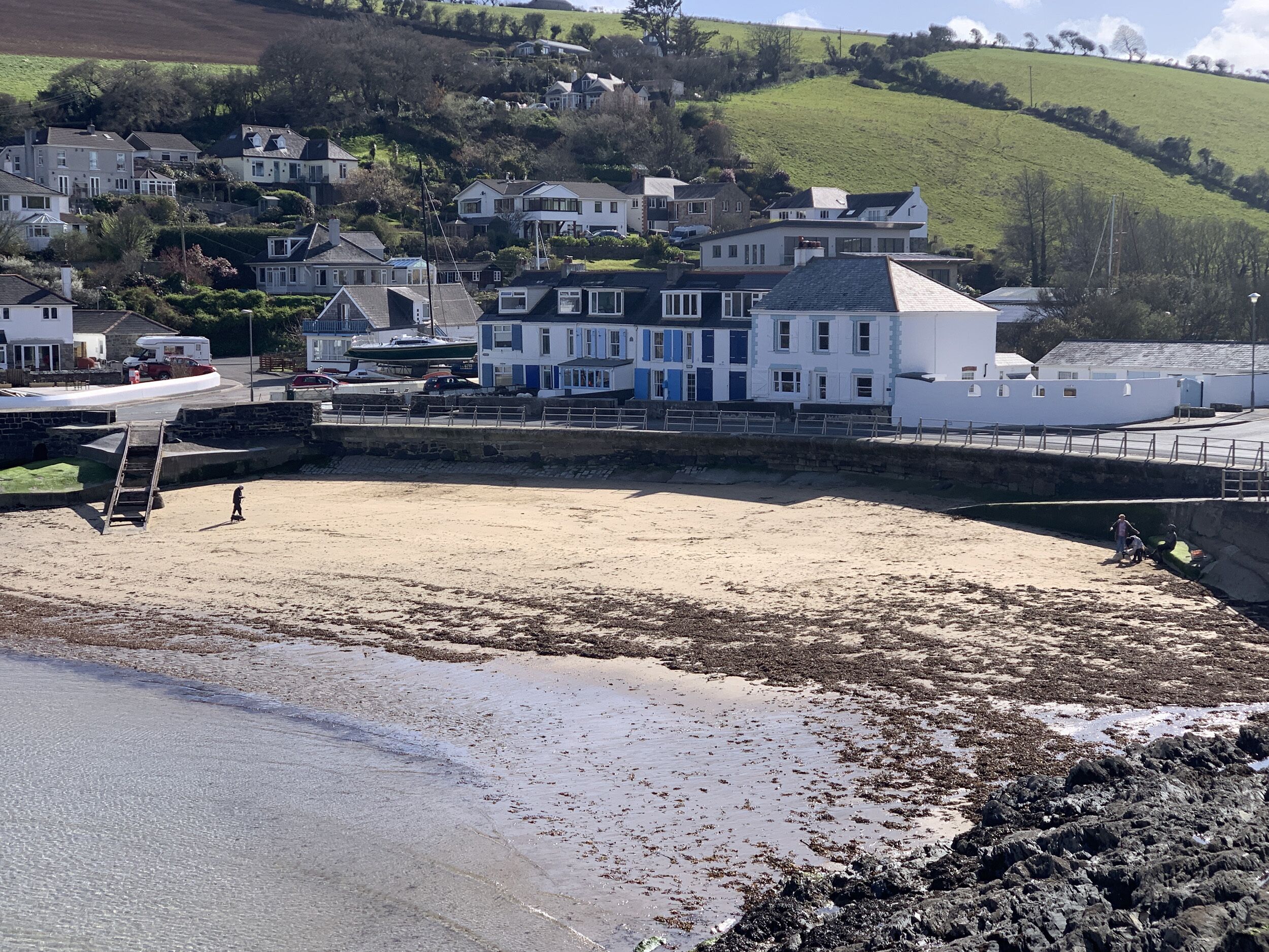 A coastal town with a sandy beach, a pier, and houses in the background.