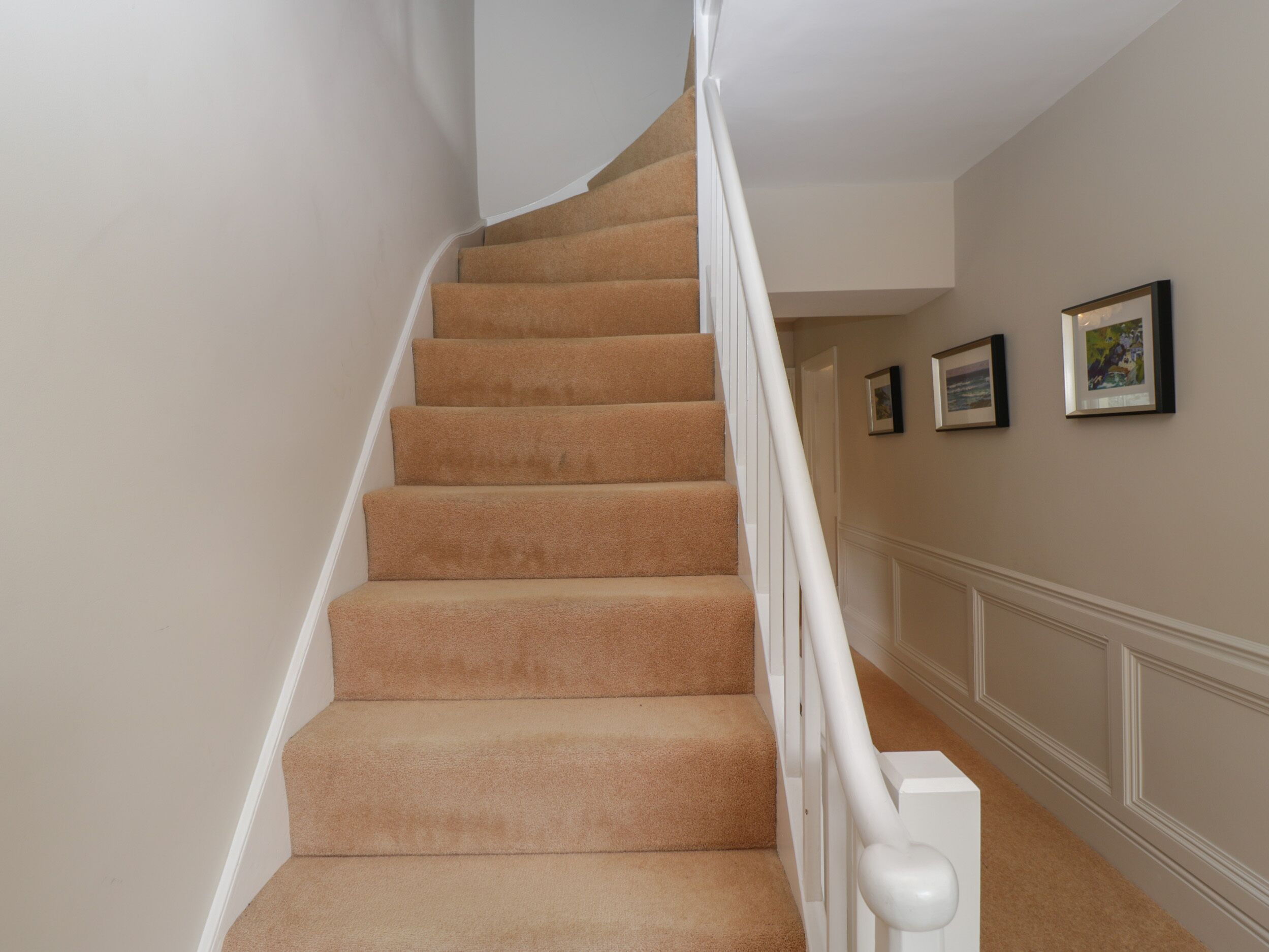 A staircase with beige carpet and white railings.