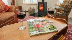 Un salon chaleureux avec une cheminée, deux verres de vin rouge, un magazine et un panier en osier.