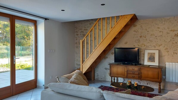 Televisión, reproductor de DVD, libros y estéreo 