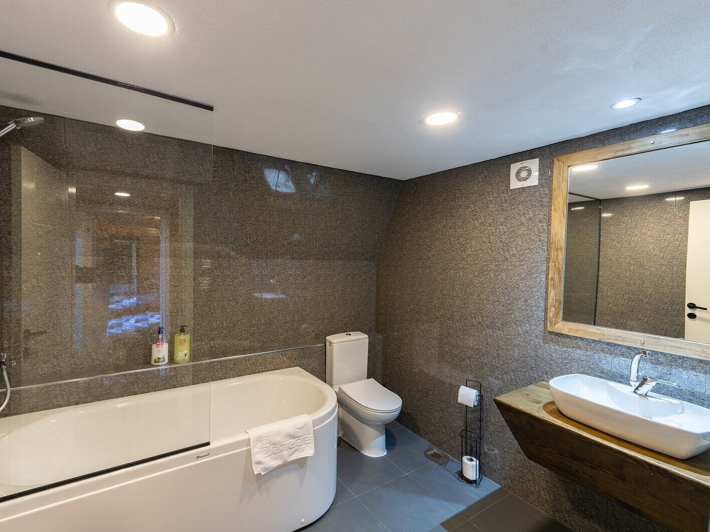 A modern bathroom with a freestanding bathtub, a toilet, and a vanity with a sink.