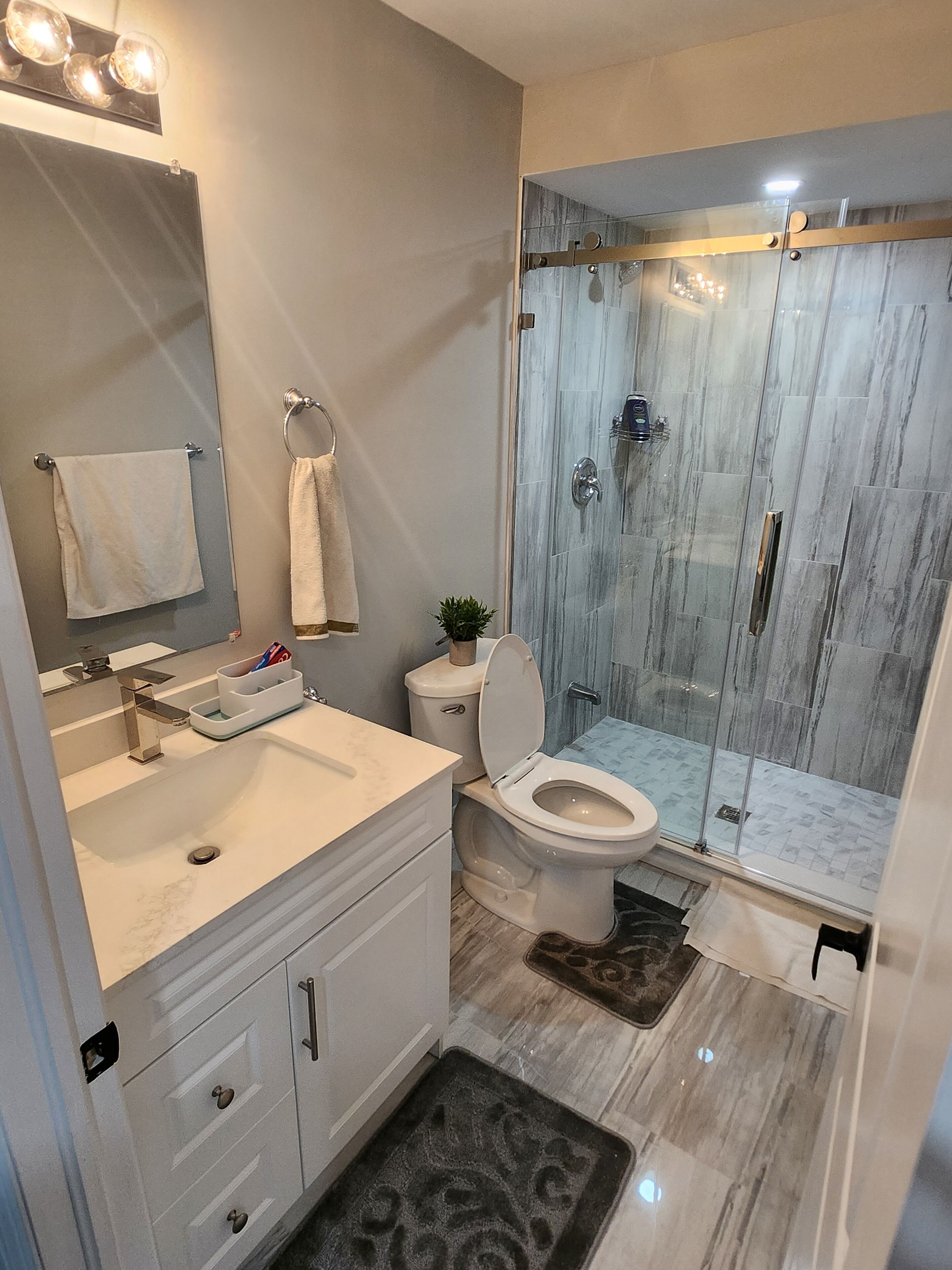 Shower, towels, soap, toilet paper